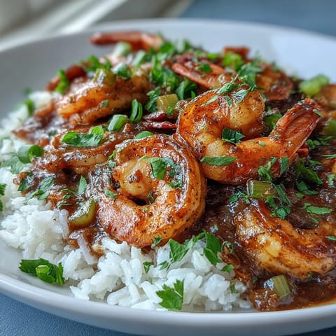 Classic New Orleans Étouffée in a rustic bowl over fluffy white rice, garnished with fresh parsley and green onions.