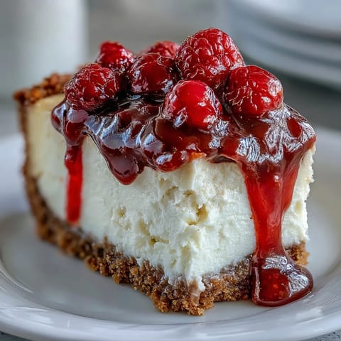 Indulgent White Chocolate Raspberry Cheesecake Bliss sits on a rustic wooden board, topped with fresh raspberries and a sweet drizzle.