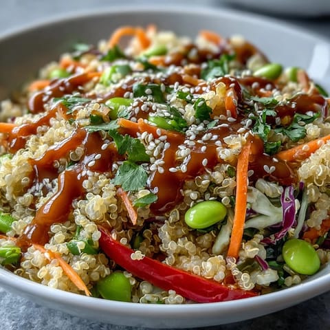 A drizzle of creamy peanut dressing coats this nourishing Thai Coconut Quinoa Bowl for a savory finish.