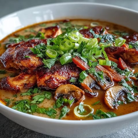 Steaming Thai Coconut Curry Soup Bowl filled with tender chicken, mushrooms, and vibrant carrots in a creamy red broth.