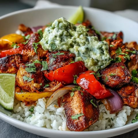 Smoky chipotle-spiced Sheet Pan Chicken Tinga Bowl garnished with fresh cilantro and lime wedges on the side.