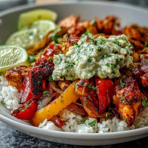 Golden-brown Sheet Pan Chicken Tinga Bowl with fluffy white rice, charred peppers, and a chunky avocado salsa topping.