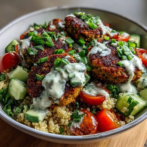 A vibrant Falafel Quinoa Salad Bowl features golden baked falafel over fluffy quinoa, topped with fresh cucumber and cherry tomatoes.