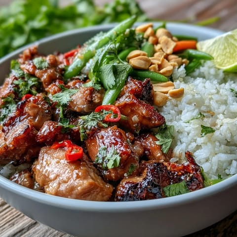 The Thai Chicken Coconut Bowl showcases vibrant red bell peppers and green snap peas paired with aromatic Thai basil and cilantro.