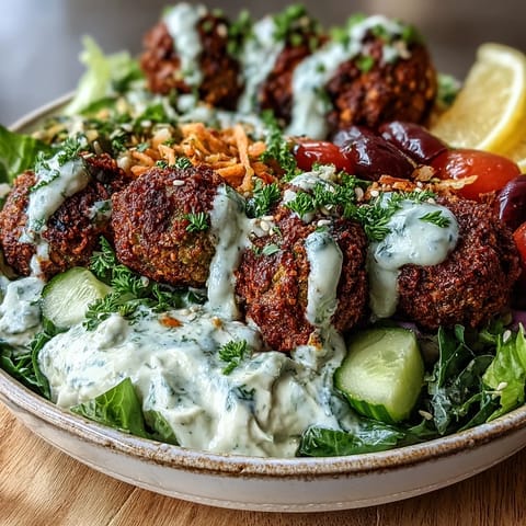 Crispy falafel balls rest on creamy hummus and greens in this vibrant falafel bowl, ready for a Mediterranean-inspired meal.