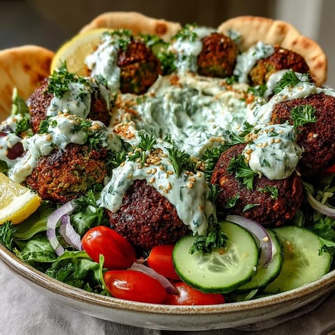 Drizzled with tahini and tangy tzatziki, this colorful falafel bowl showcases fresh vegetables and a wholesome vegetarian dinner idea.