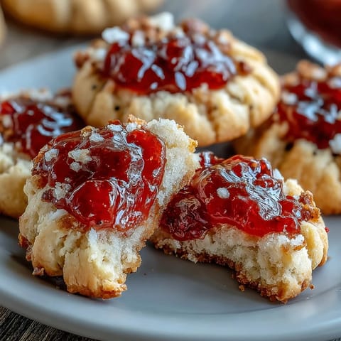 Fresh strawberry jam thumbprint cookies with golden edges and vibrant red jam centers.  