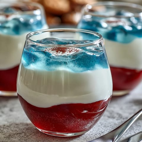 Red, white, and blue layered Jello cups with vibrant stripes, topped with whipped cream and fresh berries for a patriotic dessert.