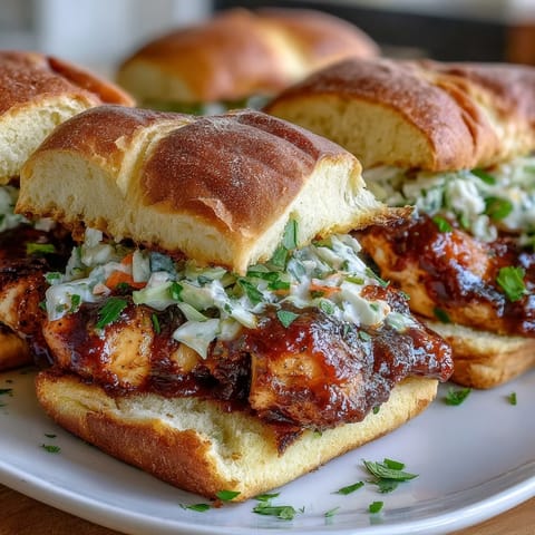 1. Juicy BBQ chicken sliders piled high on soft buns with tangy coleslaw, perfect for festive summer gatherings.  