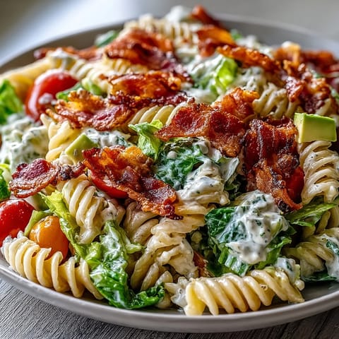 Creamy BLT Pasta Salad with Bacon and Avocado in a large bowl, garnished with crispy bacon bits and fresh herbs.