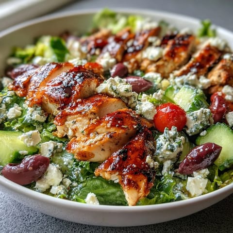A colorful Greek salad bowl topped with juicy grilled chicken, fresh vegetables, and tangy feta cheese.