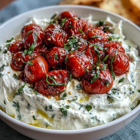 Creamy whipped feta topped with sweet, caramelized cherry tomatoes and fresh basil, perfect for a Mediterranean appetizer.  