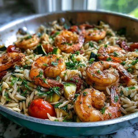 Vibrant one-pan lemon butter shrimp and orzo with juicy cherry tomatoes and zucchini, served in a skillet with fresh parsley.  