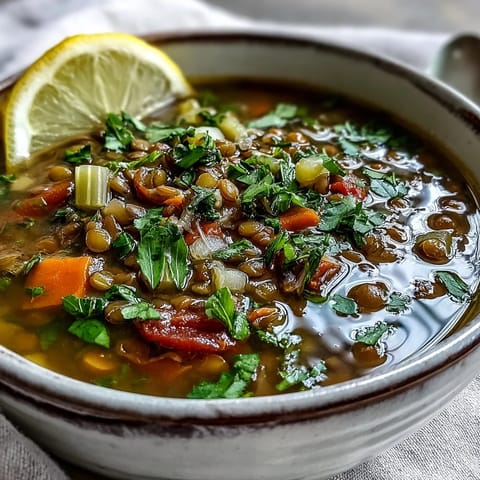 Steaming bowl of aromatic Indian Mung Bean Soup, garnished with fresh cilantro and a lemon wedge.