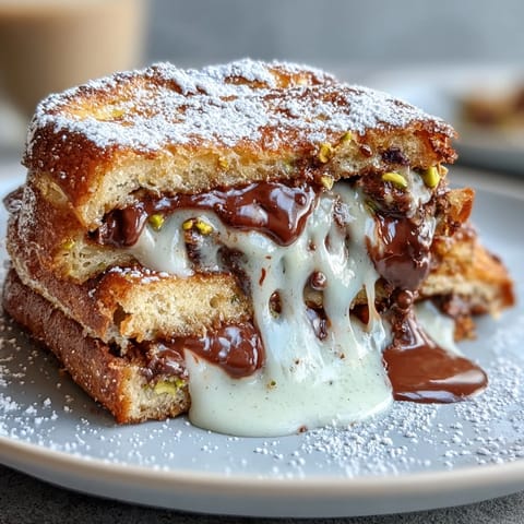 Decadent chocolate pistachio croissant French toast topped with crushed pistachios and a dusting of powdered sugar.