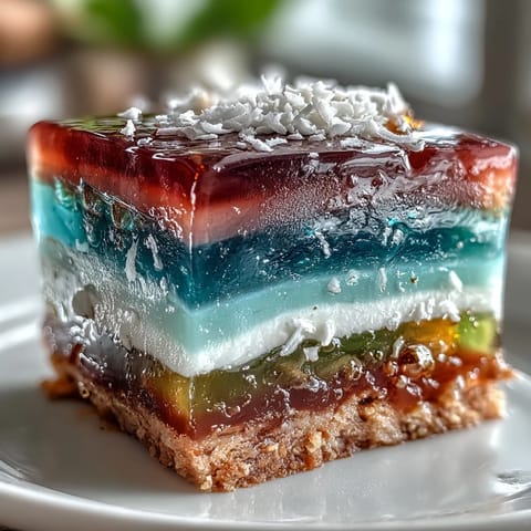 Layered agar-agar rainbow cake with silky coconut cream, a naturally dairy-free and gluten-free treat for special occasions.