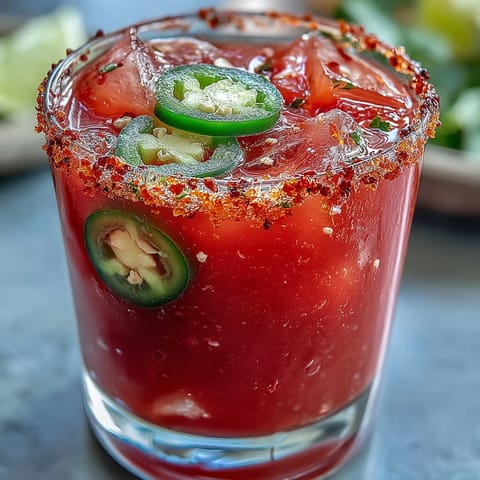 Vibrant watermelon jalapeño margarita mocktail, perfectly chilled with a salty rim.