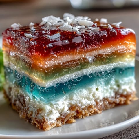 Vibrant rainbow jelly cake with agar-agar layers and creamy coconut topping, perfect for colorful summer desserts.