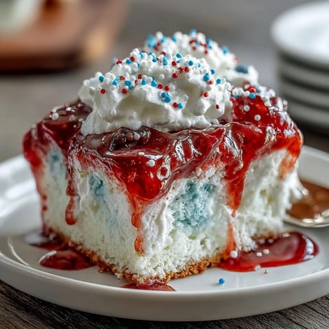 Festive Memorial Day Red White Blue Poke Cake, swirled with vibrant colors and creamy topping.
