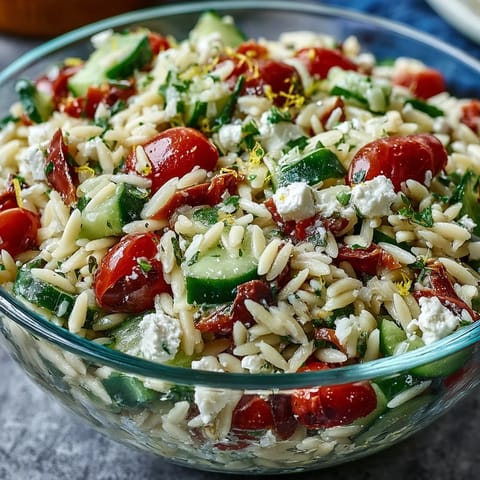 Juicy cherry tomatoes feature in this Summer Orzo Salad with Feta, lemon zest.