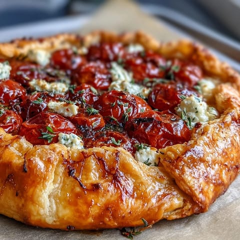 Savory Roasted Cherry Tomato and Feta Galette, golden-brown and flaky, ready to serve.