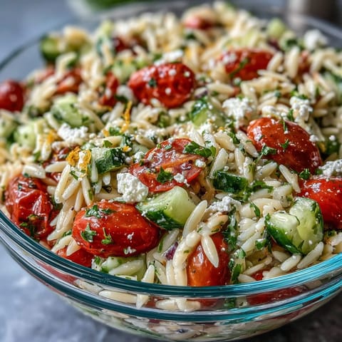 Light Summer Orzo Salad with Feta, vibrant and refreshing, perfect for lunch.