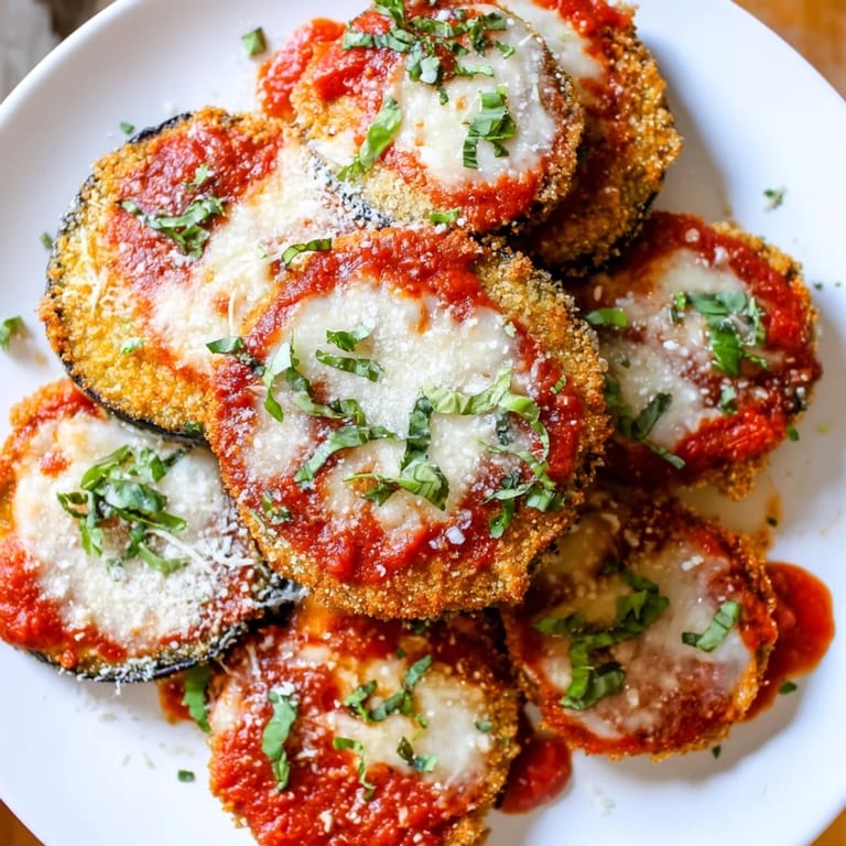 Mouthwatering layer of Eggplant Parmesan with crispy breaded eggplant and rich tomato sauce.