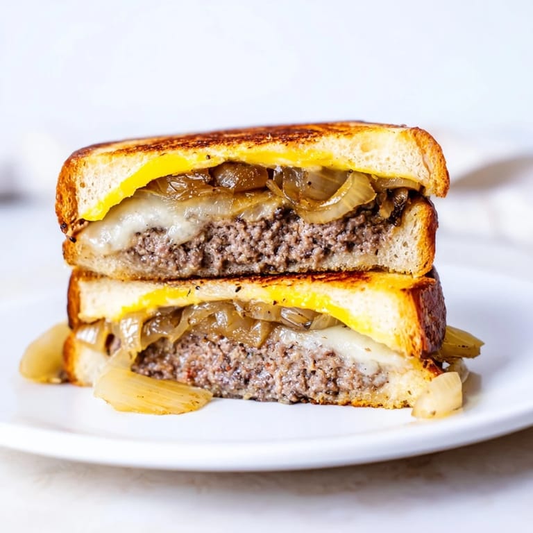 Golden-brown Patty Melt on rye bread, oozing melted cheese and savory beef patties inside.