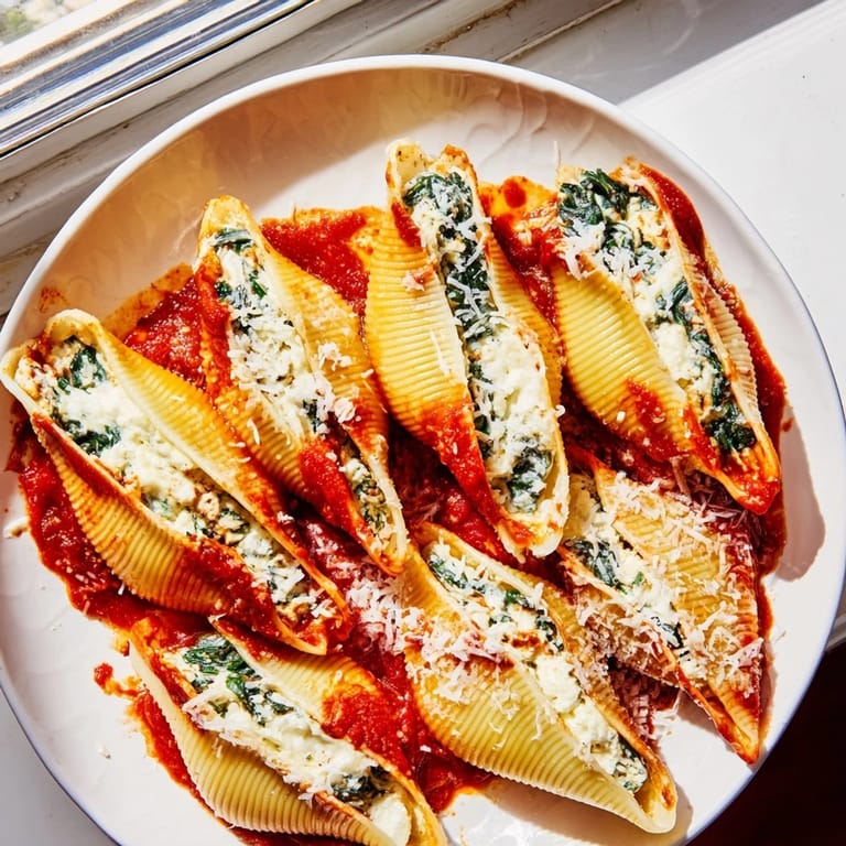 A close-up of cheesy, baked Stuffed Shells, ready to be served for a satisfying meal.