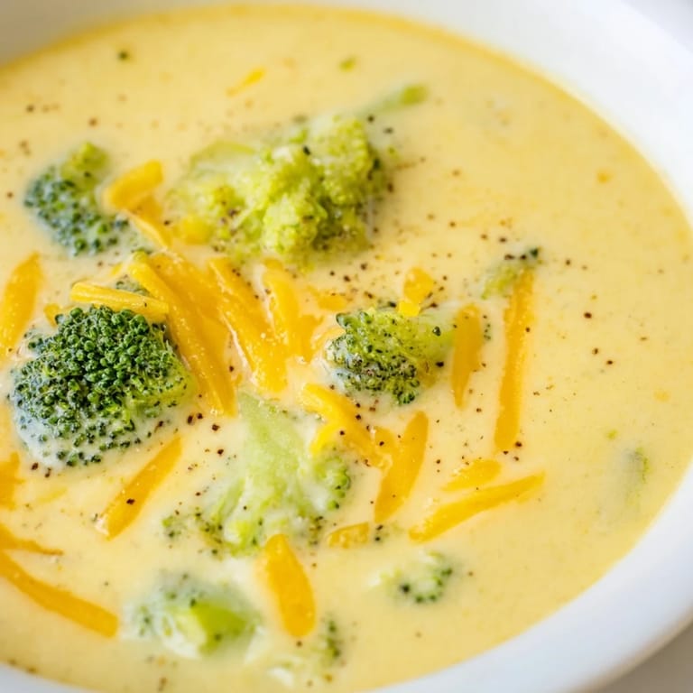 Steaming hot Broccoli Cheese Soup, thick and yellow, with a sprinkle of black pepper on top.