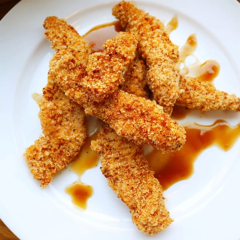 Close-up of freshly cooked Chicken Tenders showing their golden-brown, crunchy, delicious breading.