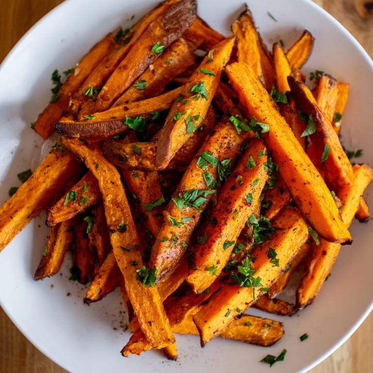 Crispy sweet potato fries, sprinkled with parsley, inviting a flavorful side for your meal.