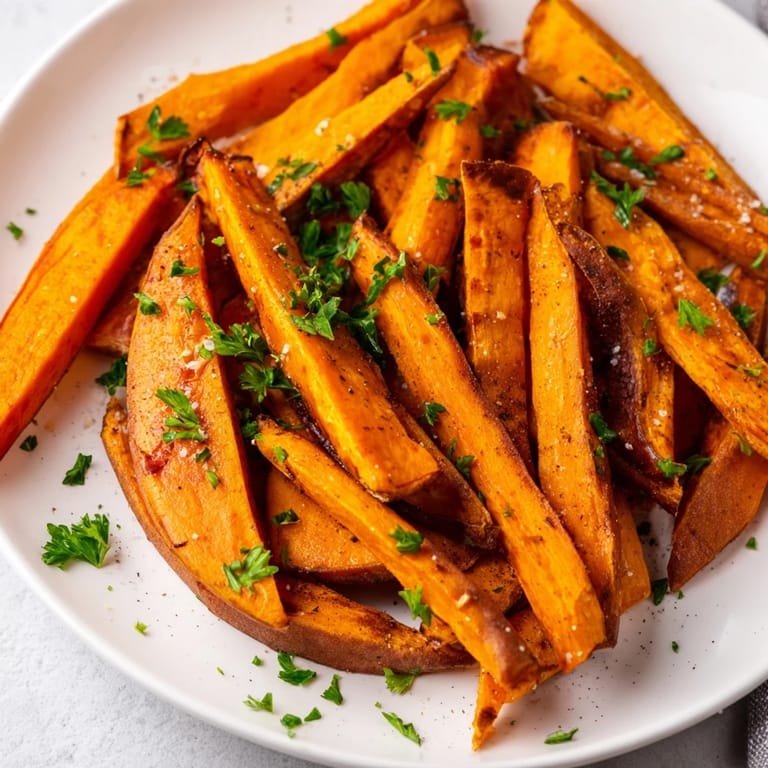 A close-up of delicious sweet potato fries, beautifully browned and ideal for a snack.
