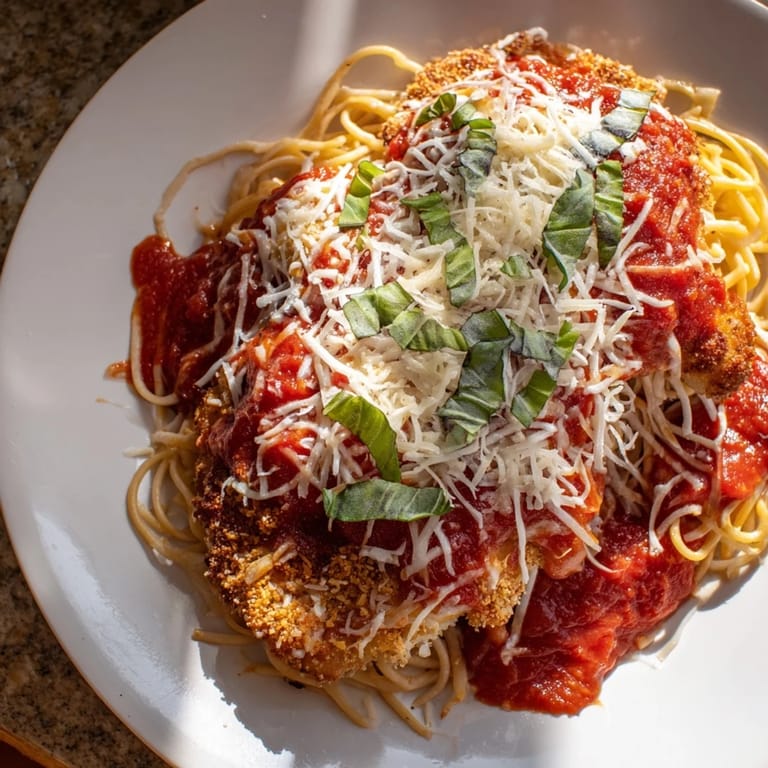 Aromatic Chicken Parmesan, offering a delightful blend of crispy chicken, flavorful sauce, and gooey cheese.