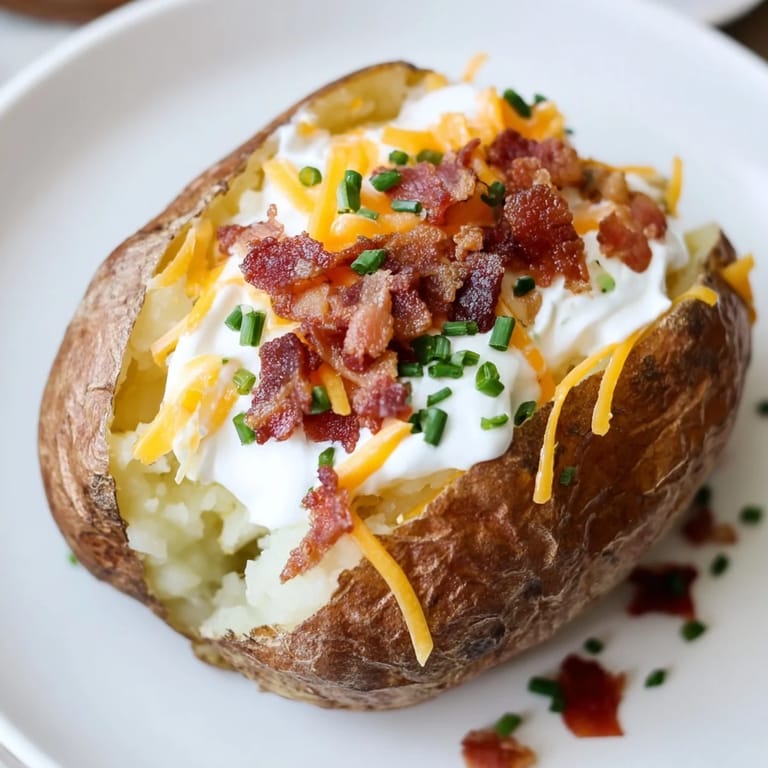 A close-up of a generously topped Loaded Baked Potato, ready to eat with fresh chives.