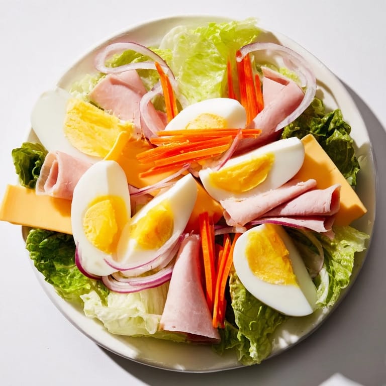 A colorful, appetizing Chef Salad featuring hearty layers of protein, cheese, and vegetables ready to enjoy.