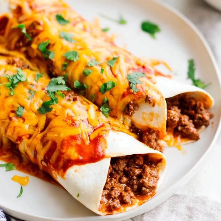 Steaming Beef Enchiladas, a comforting Mexican main course featuring savory beef and melted cheese.