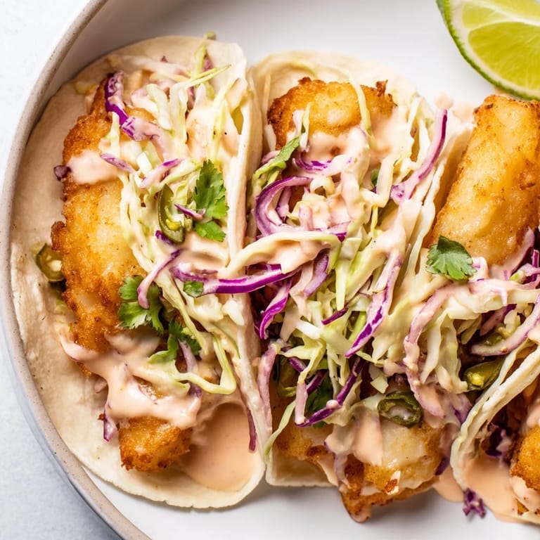 A delicious close-up of fully assembled fish tacos, showcasing fresh cilantro and a drizzle of sauce.
