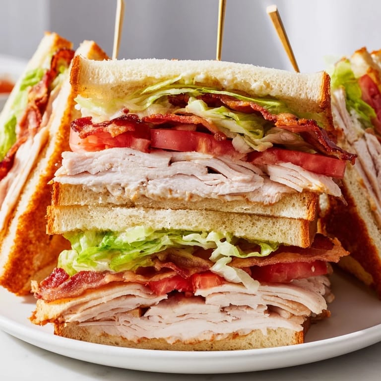 Close-up of a stacked turkey club sandwich, showcasing juicy turkey and toasted bread, perfect for lunch.