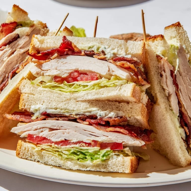 Enjoy this classic American turkey club sandwich, piled high with turkey, lettuce, and bacon, ready to devour!