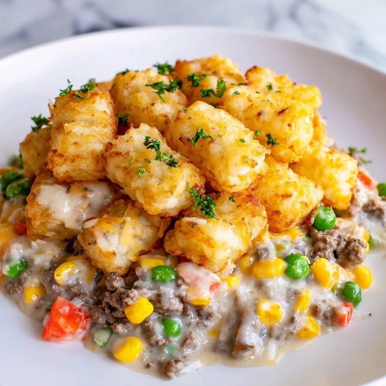 A bubbling Tater Tot Casserole, with melted cheese and perfectly browned tater tots ready to serve.
