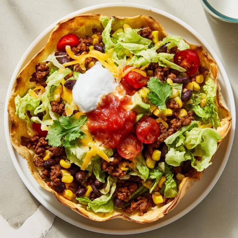 Golden, crispy Taco Salad tortilla bowl overflowing with savory beef and vibrant vegetables.