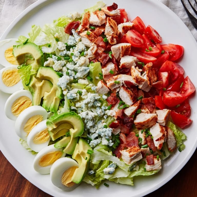 Fresh Cobb salad overflowing with colorful layers of ingredients, ready for a delicious bite.