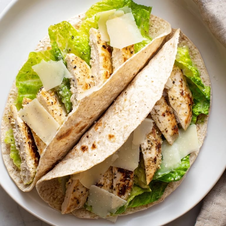 Perfectly rolled Chicken Caesar Wrap, filled with vibrant romaine and creamy Caesar dressing.