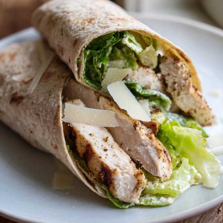 Close-up view of a halved Chicken Caesar Wrap showing tender chicken and Parmesan cheese.