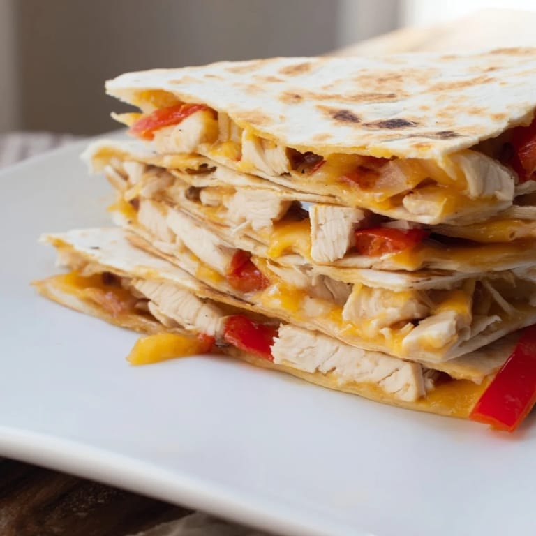 A close-up shot of a warm, cheesy Chicken Quesadilla with colorful bell peppers inside.