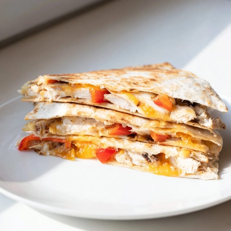 Crispy pan-cooked Chicken Quesadilla slices, perfect for dipping into salsa or guacamole.