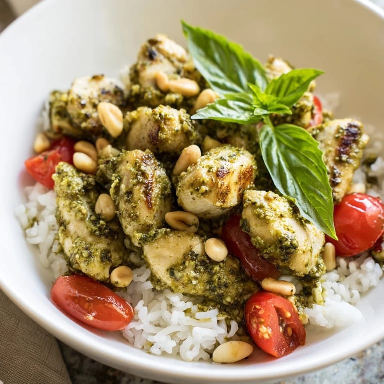 Colorful Chicken Pesto Rice Bowl garnished with pine nuts and Parmesan, perfect for a quick and healthy weeknight dinner.