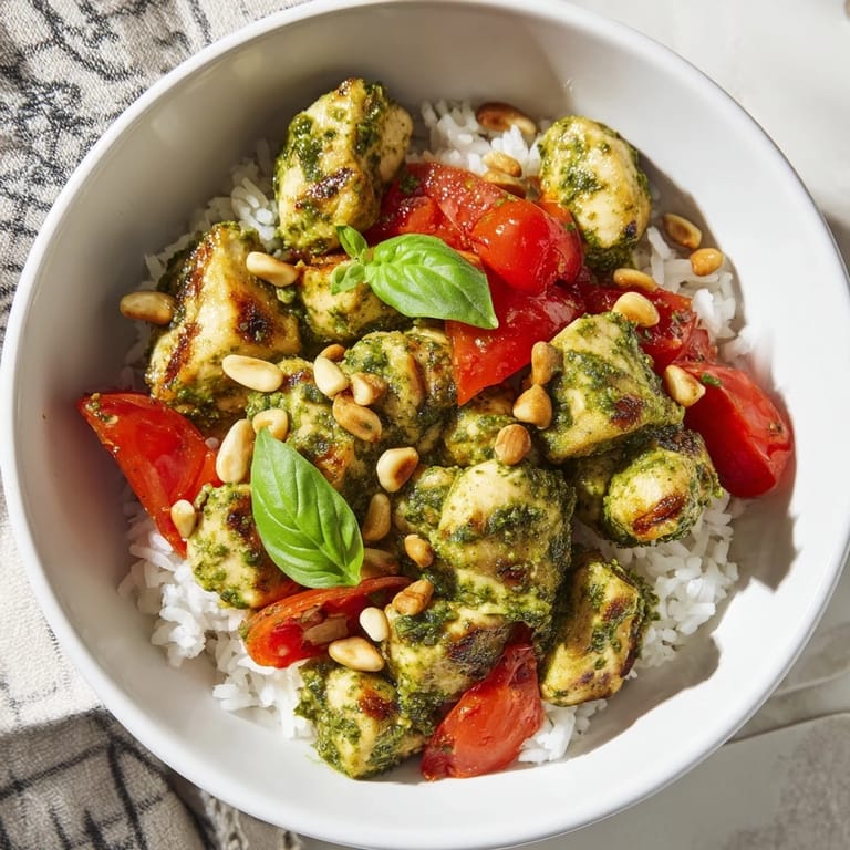 Spoon lifting savory basil pesto chicken from a warm rice bowl with vibrant tomato chunks and aromatic herbs.