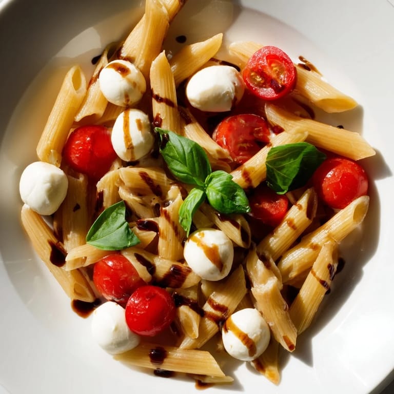 A drizzle of extra-virgin olive oil and balsamic glaze glistens on this easy Caprese Salad Pasta, ready for a quick vegetarian weeknight dinner or picnic.